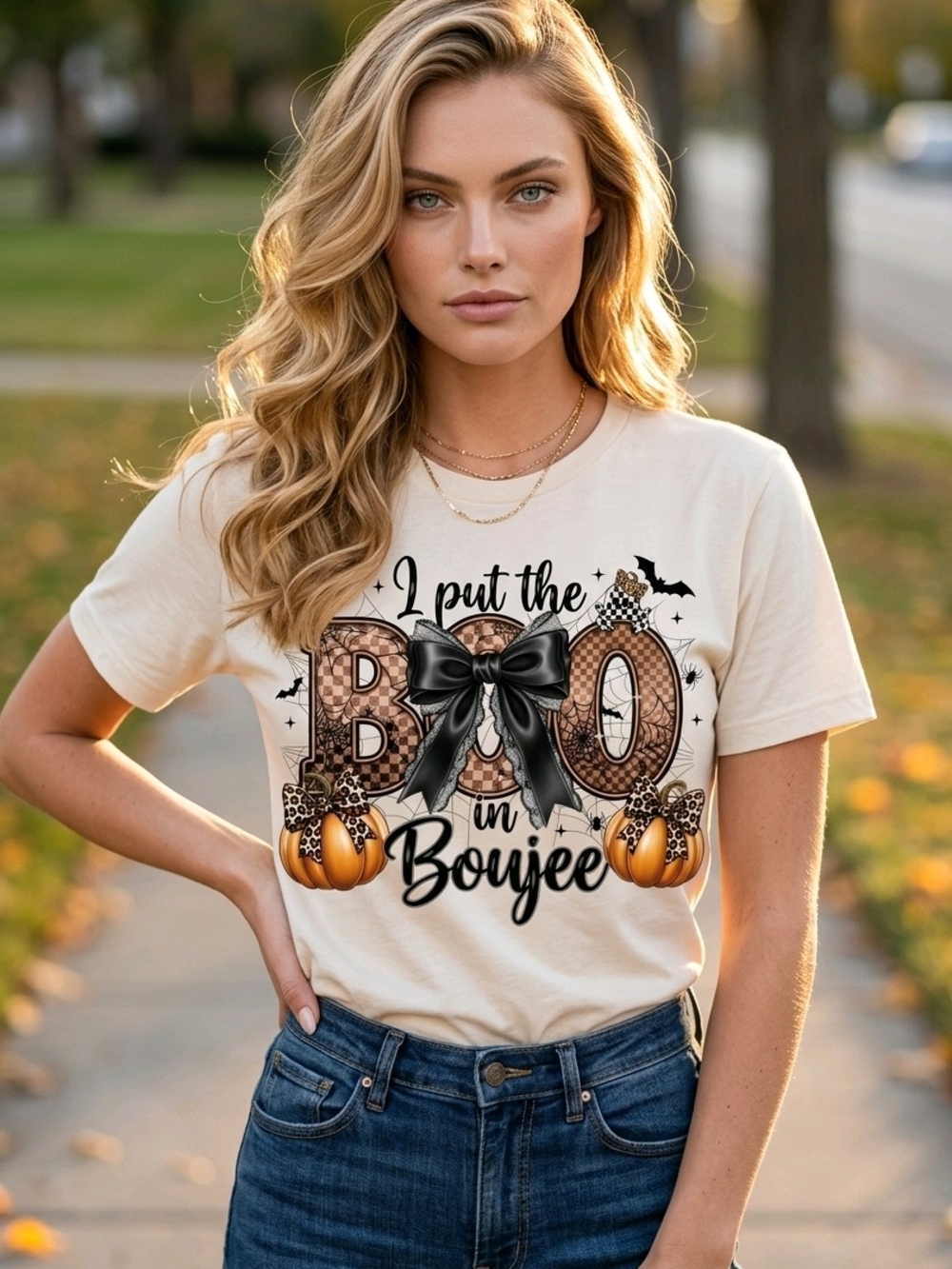 'I Put the Boo in Boujee' Halloween Graphic Tee - Black Bow, Pumpkin Accent
